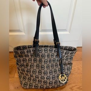 Michael Kors Jet Set MK Logo Jacquard Tote with Black Leather Straps